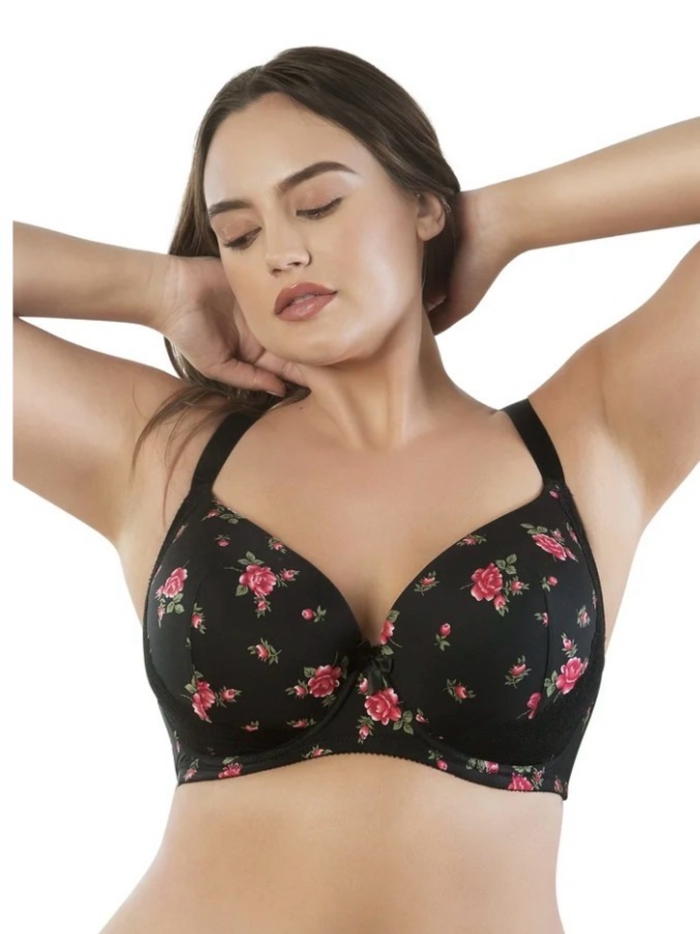 Parfait Casey Full Figure Plunge Molded Underwire Bra Black With Red Roses- 38I